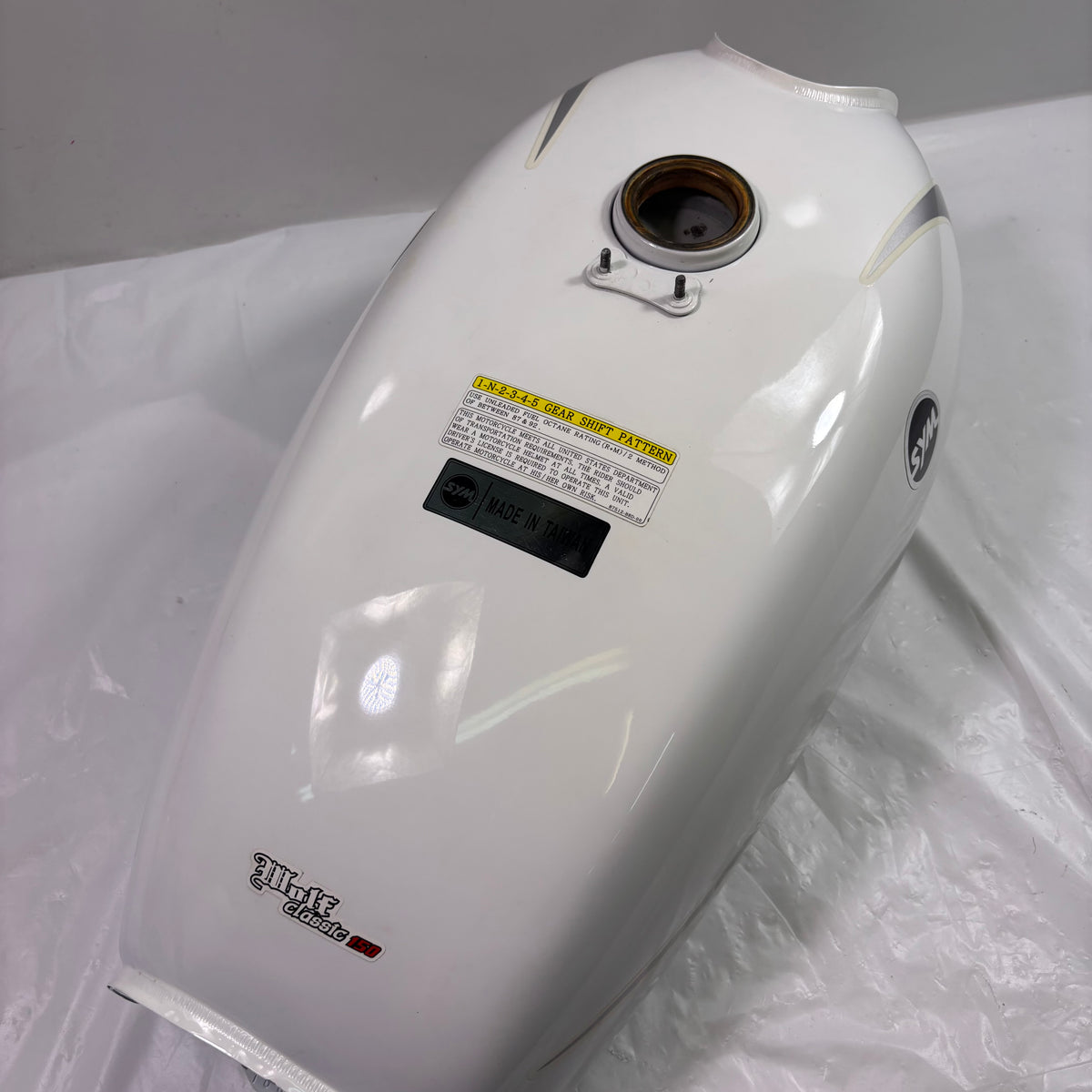 OEM SYM Wolf Classic 150 Motorcycle Gas Fuel Tank, White Original (NEW)