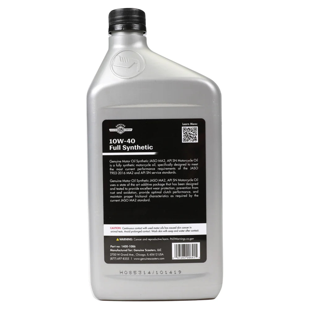 Genuine Motor Engine Oil 10W-40, 4T, 1 QT 100% synthetic