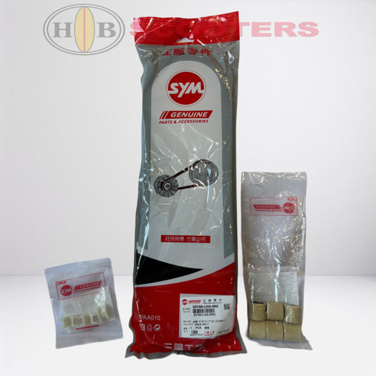 Transmission belt, roller weights and slide pieces for SYM Citycom S300i