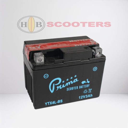 Prima YTX4L-BS Scooter Battery, 12V 3Ah for Genuine Buddy 50, Vespa ET2