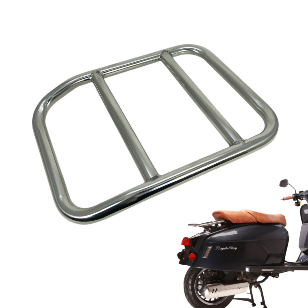 OEM Royal Alloy Scooter Stock Rear Rack, Chrome. GT150, GP300S Handrail